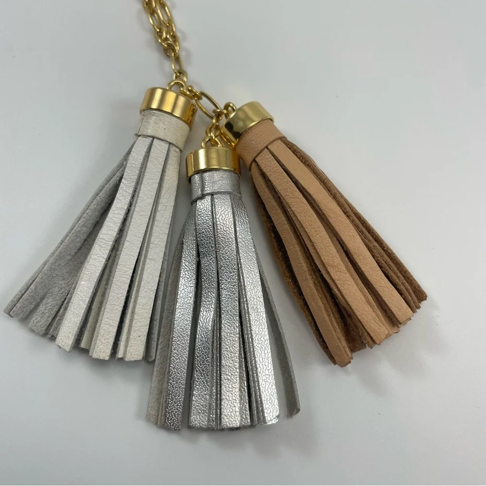J. Crew Gold Tone Triple Leather Tassel Pendant Long Chain Necklace Boho Classic